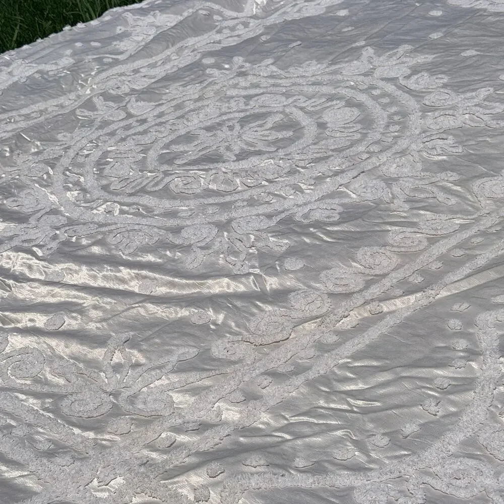 Vtg 50's EVERWEAR Chenille Satin Bedspread Cream White Full/Queen Hollywood Glam